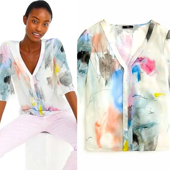 J. Crew Tops - J. Crew 100% Silk Watercolor V-Neck Blouse Size Large